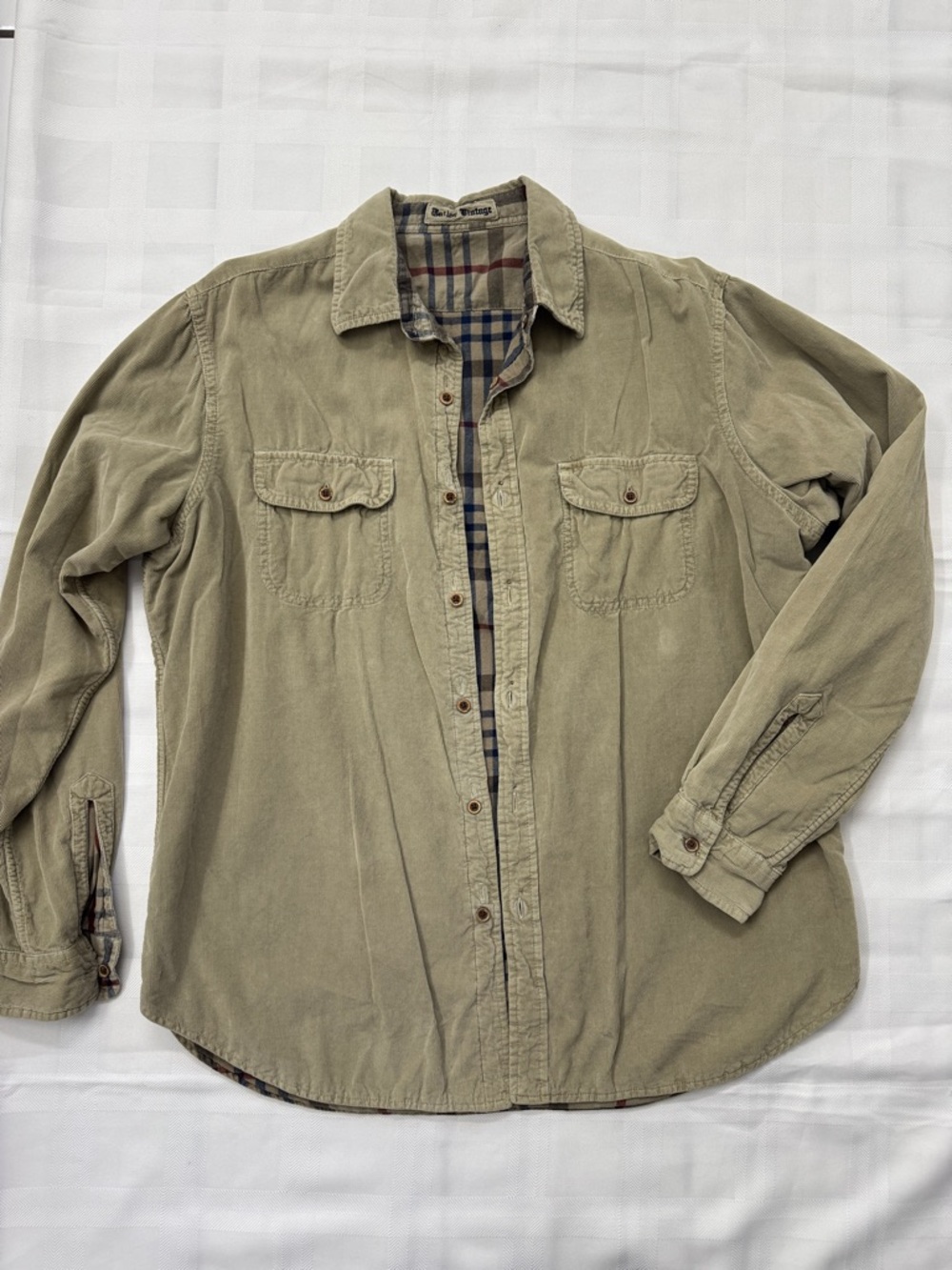 Tailor Vintage Tan Button-Down Utility Shirt with Plaid Trim. Reversible.